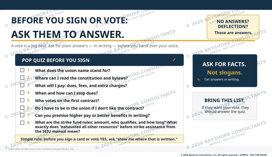 Watermarked Bayshore employee education sample with questions to ask before signing a union card or voting.