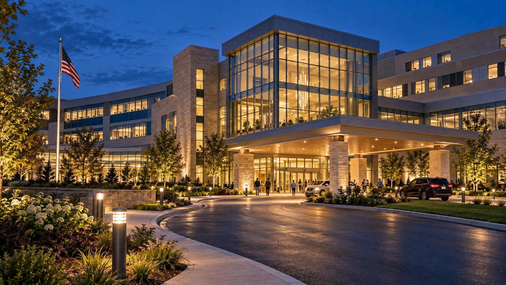 Illustrative medical campus at dusk