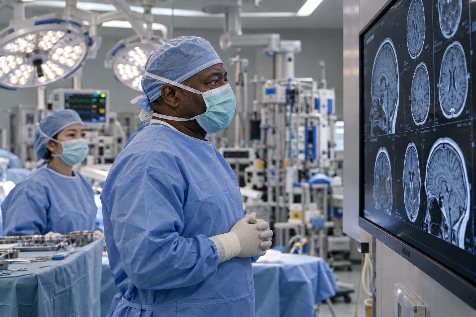 Black physician reviewing brain MRI images in an operating room