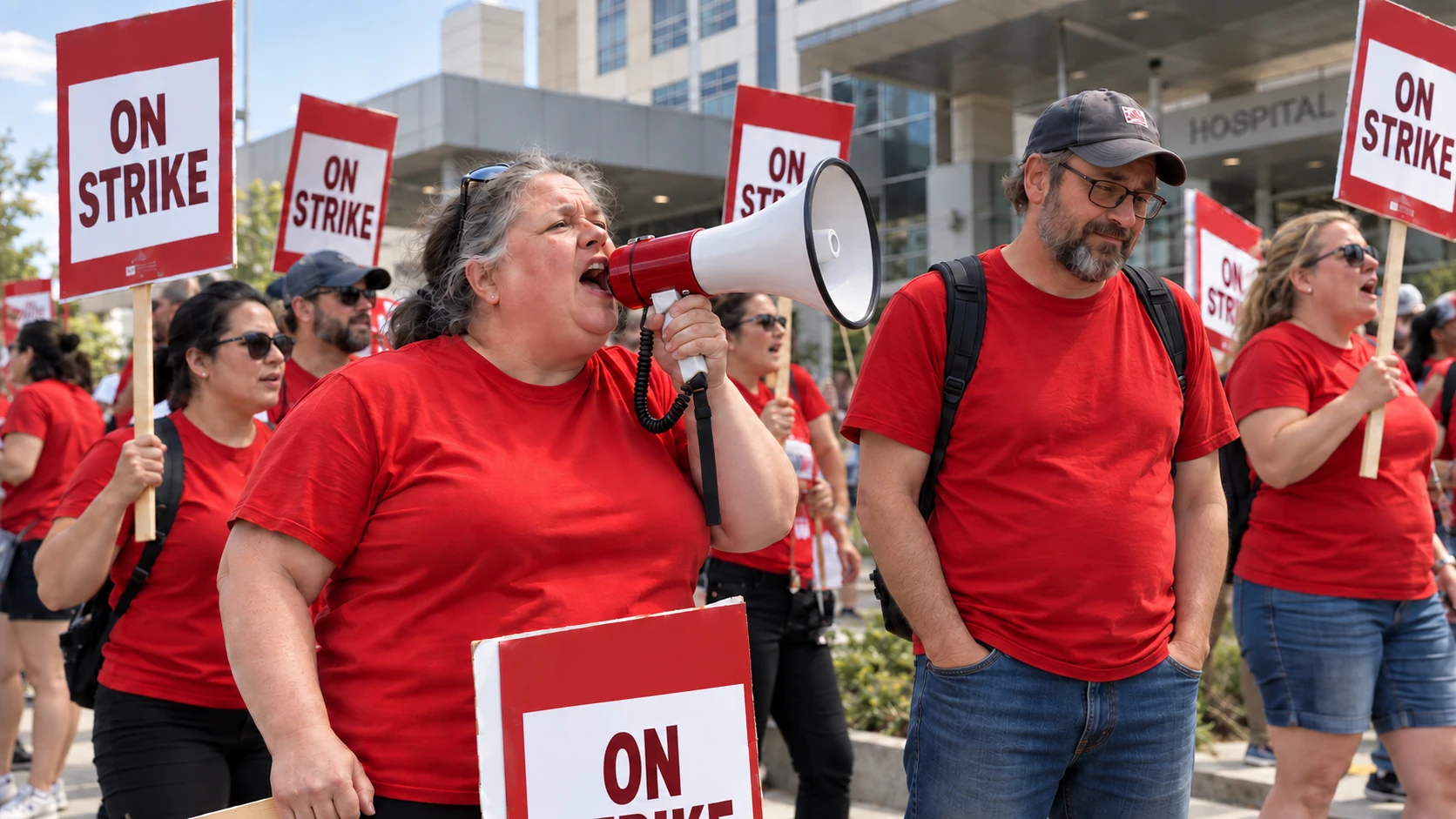 Fictional nurses picket with a bullhorn and a reserved participant