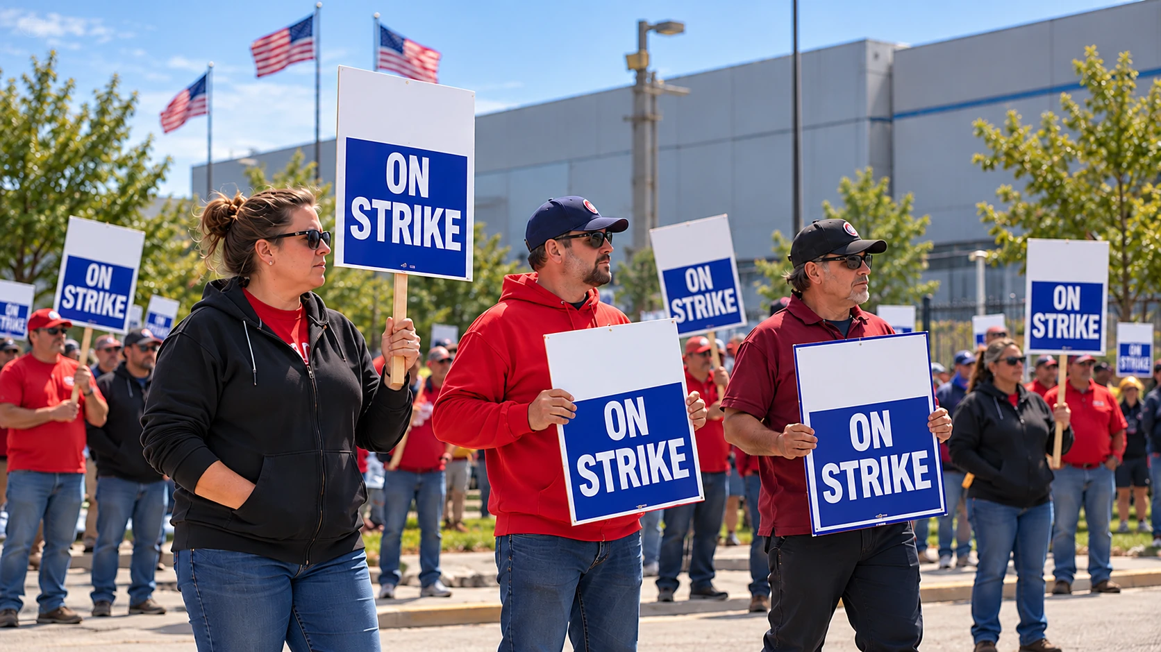Illustrative auto workers picket; not a photograph of the Alabama case