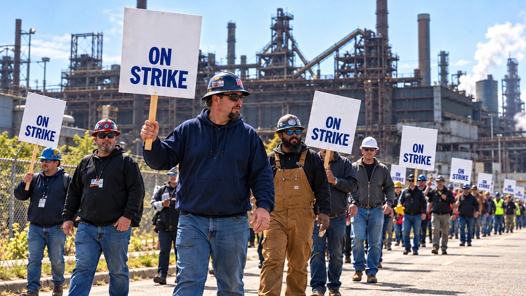 Fictional steelworkers picket